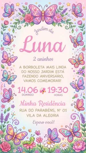 Convite de Aniversário Jardim das Borboletas Colorido para Editar