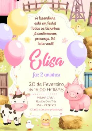 Convite de Aniversário Fazendinha Rosa Editável para Menina