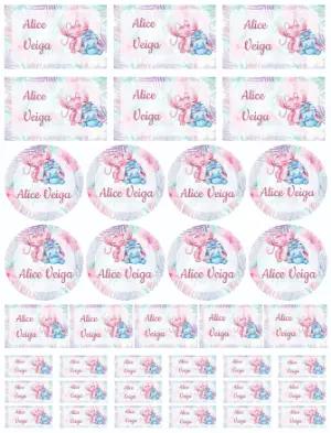 Kit de Etiquetas Escolares Stitch e Angel Editável em Aquarela