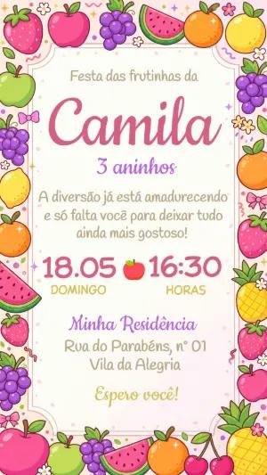 Convite de Aniversário Infantil Frutinhas Colorido Editável