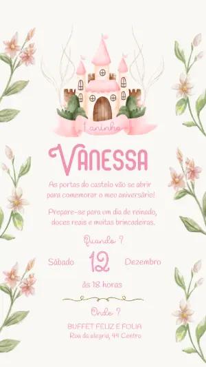 Convite de Aniversário Princesa Castelo Aquarela para Editar