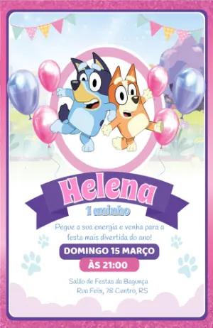 Convite de Aniversário Bluey e Bingo Rosa Modelo Editável