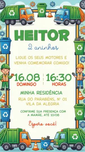Convite de Aniversário Caminhão de Lixo Infantil Editável
