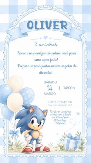 Convite Digital Aniversário Sonic Aquarela Editável