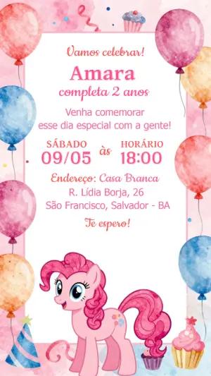 Convite de Aniversário Pinkie Pie Aquarela Editável