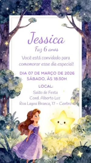 Convite Digital Aniversário Infantil Princesa Lilás para Editar