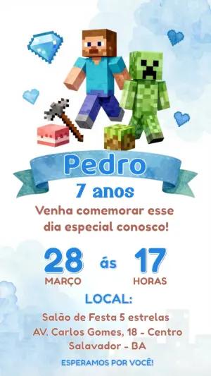 Convite Digital Infantil Tema Minecraft para Editar e Enviar