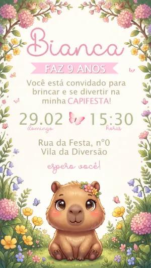 Convite de Aniversário Capivara Floral Fofo para Editar