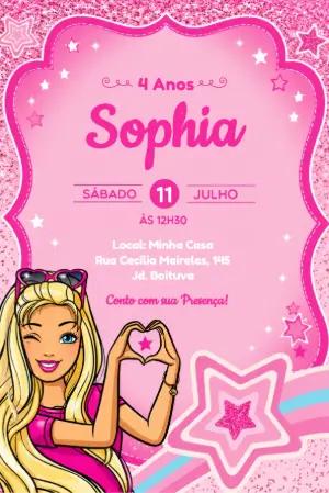Convite de Aniversário Barbie Rosa com Glitter Editável