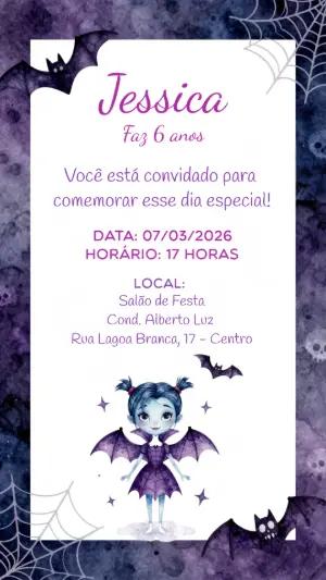 Convite de Aniversário Vampira Fofa Roxo para Editar