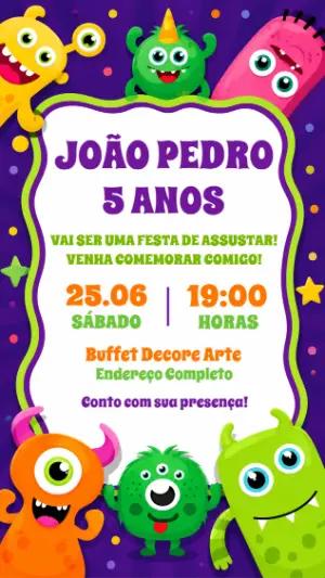 Convite de Aniversário Monstrinhos Colorido para Editar