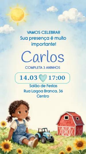 Convite de Aniversário Fazendinha Aquarela para Editar