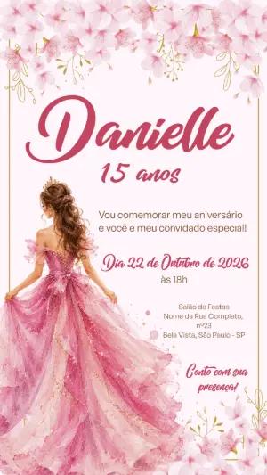 Convite de 15 Anos Princesa Floral Rosa Editável
