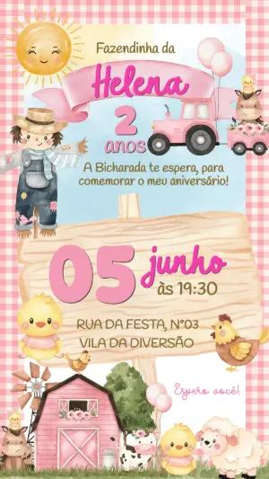 Convite de Aniversário Fazendinha Rosa Fofo para Editar