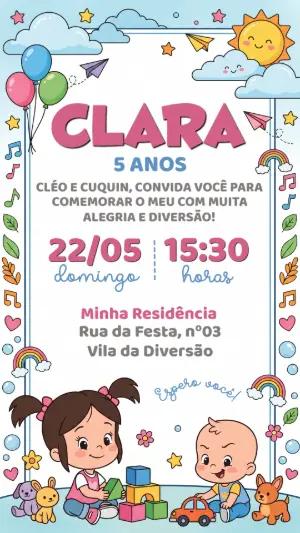 Convite de Aniversário Infantil Cléo e Cuquin Editável