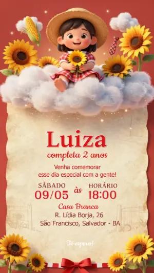 Convite de Aniversário Girassol e Fazendinha Fofo Editável