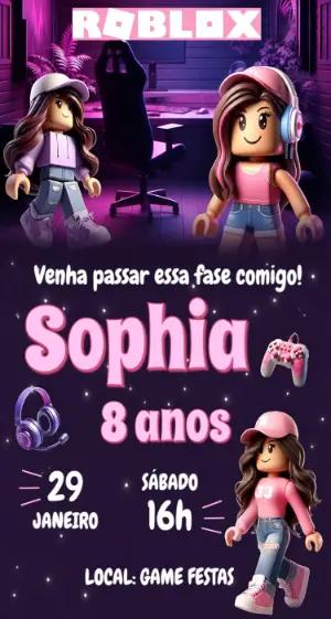 Convite de Aniversário Roblox Menina Gamer Rosa para Editar