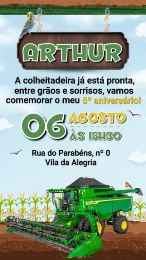 Convite de Aniversário Colheitadeira John Deere Editável