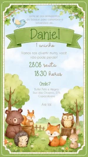 Convite Editável Aniversário Infantil Animais do Bosque Aquarela