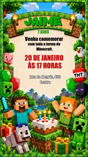 Convite de Aniversário Minecraft Editável para Festa Infantil