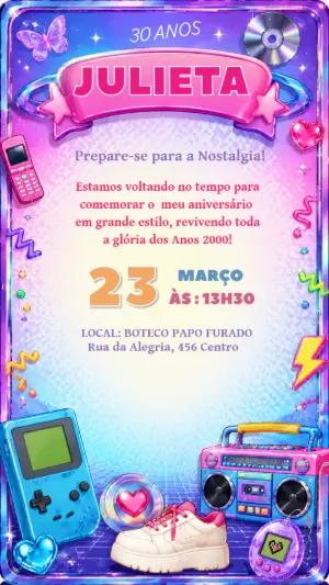 Convite Digital Aniversário Anos 2000 Retrô Editável