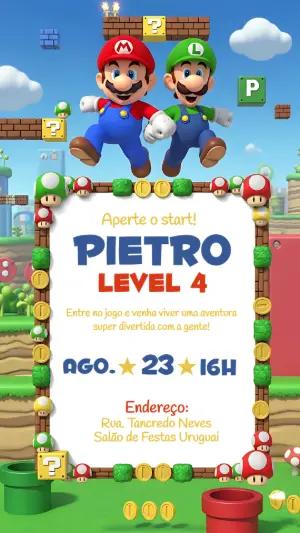 Convite Aniversário Super Mario com Mario e Luigi para Editar