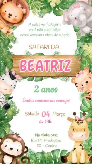Convite Aniversário Safari Menina com Animais Fofos para Editar