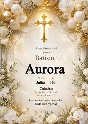 Convite de Batismo Elegante com Flores e Detalhes Dourados