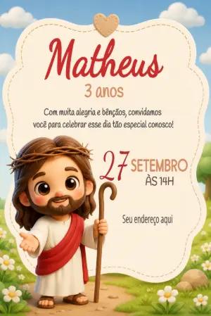 Convite de Aniversário Infantil Jesus Fofo Modelo Editável