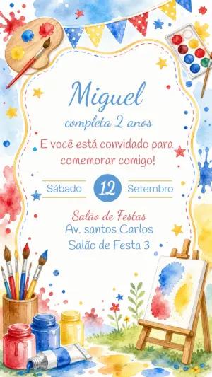 Convite Aniversário Pintando o Sete Aquarela Editável