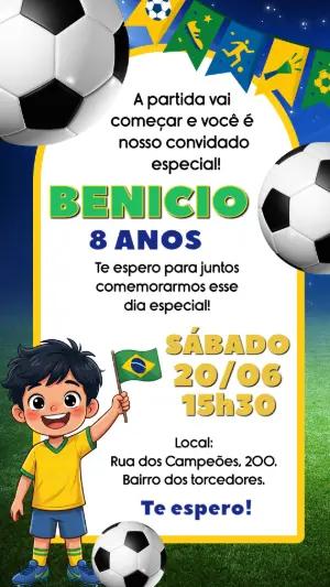 Convite de Aniversário Futebol Brasil para Menino Editável