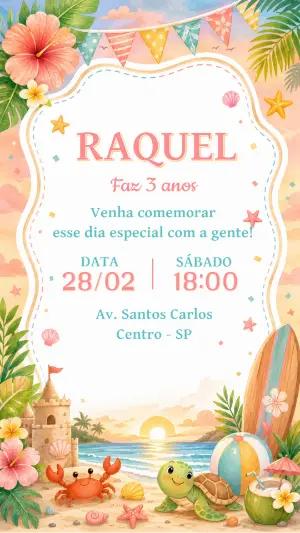 Convite de Aniversário Festa na Praia com Tartaruga Editável
