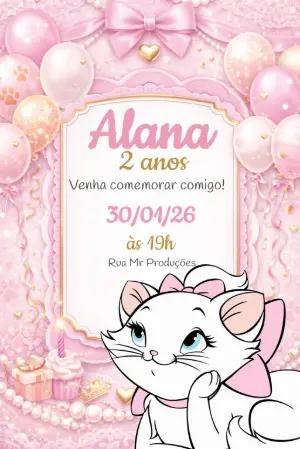 Convite de Aniversário Gatinha Marie Rosa Modelo Editável