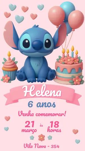 Convite Stitch Aniversário Infantil Fofo 3D - Modelo Editável