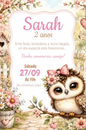 Convite de Aniversário Corujinha Fofa Aquarela para Editar
