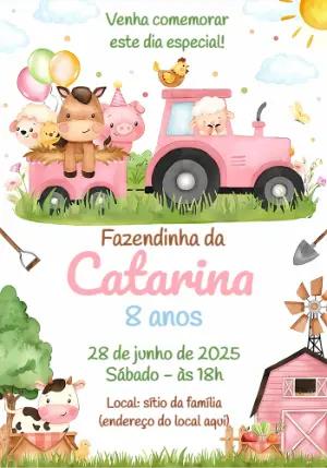 Convite Aniversário Fazendinha Rosa com Animais para Editar