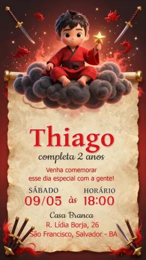 Convite de Aniversário Samurai Infantil Vermelho para Editar