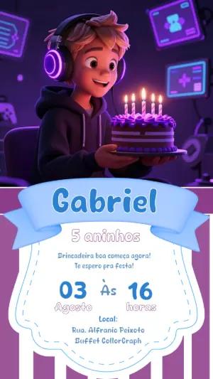 Convite de Aniversário Gamer 3D Roxo para Editar e Enviar