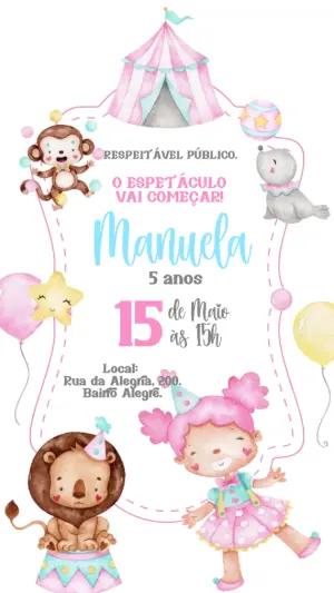 Convite Animado Aniversário Circo Aquarela para Editar Online