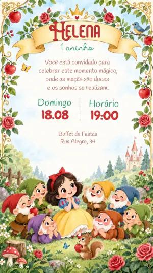 Convite de Aniversário Branca de Neve Aquarela para Editar