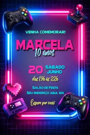 Convite de Aniversário Gamer Neon para Editar