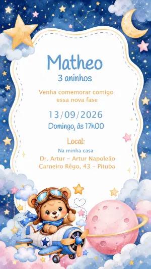 Convite Aniversário Ursinho Aviador para Editar