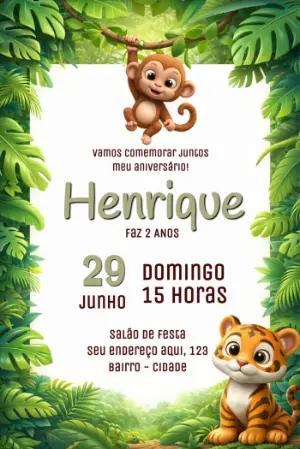 Convite Digital Aniversário Tema Selva com Animais Editável