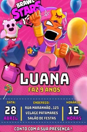 Convite Aniversário Brawl Stars Rosa para Editar Online