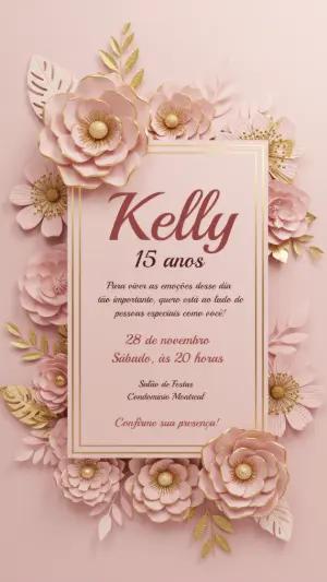 Convite de 15 anos Rosê Floral com Dourado para Editar Online