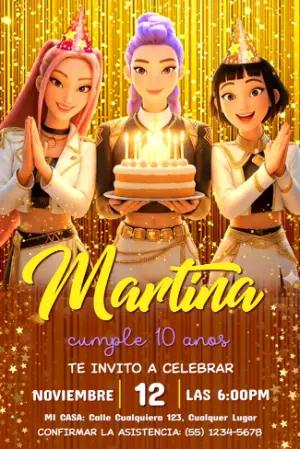 Invitación de Cumpleaños Las Guerreras K-Pop Modelo Editable