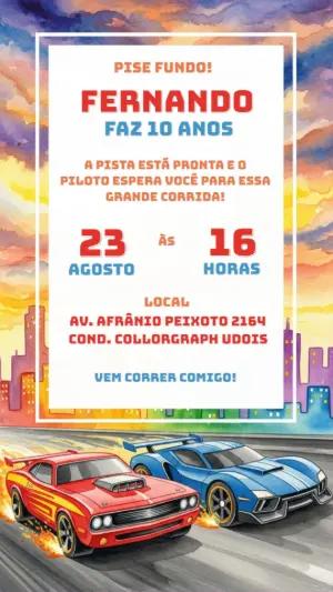 Convite de Aniversário Carros de Corrida para Editar Online