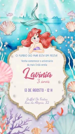Convite de Aniversário Pequena Sereia Fundo do Mar Editável
