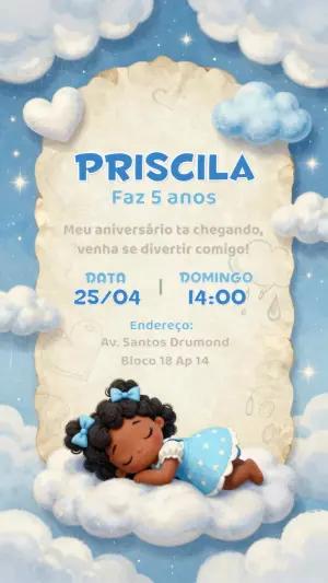 Convite de Aniversário Menina Negra nas Nuvens Editável