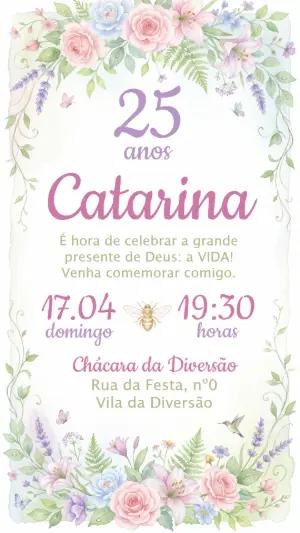 Convite de Aniversário Floral Aquarela para Editar